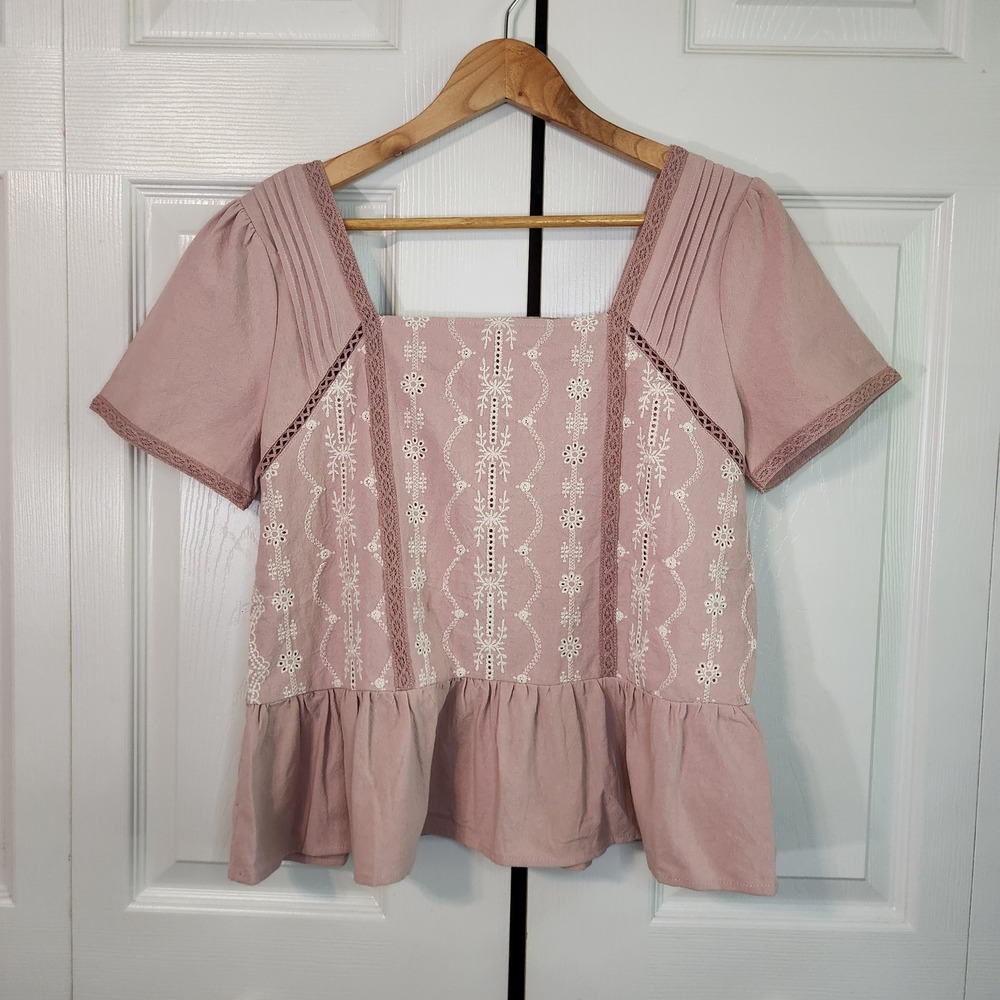 Easel Mauve Linen Blend Embroidered Peplum Blouse Square Neck Smocked Back Small